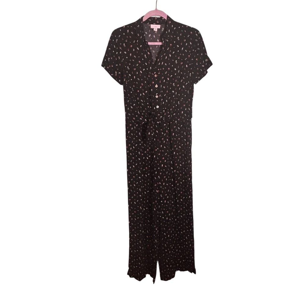 J Jill Petite Black Floral Print Button Front Tie Waist‎ Jumpsuit XS